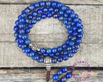 Collar Mala de lapislázuli de 8-9 mm: cuentas de oración tibetanas, cuentas de oración budistas Om Mani Padme Hum