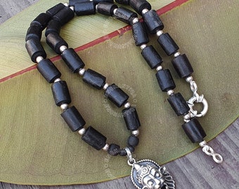 Black Tulsi Beads Necklace With Lord Narsimha Silver Pendant , Tulsi Wood Tumble Carved Beads, Spiritually, Meditation Beads