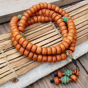 Antique Bodhi Seed Mala With Intricate Turquoise Counter Beads, Natural 108 Phoenix Eye Bodhi Seeds Mala, Buddhist Mala, Buddha Necklace
