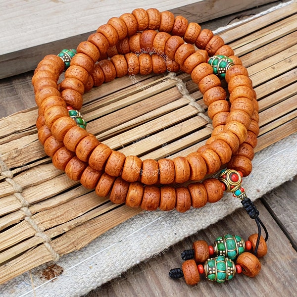 Antike Bodhi Samen Mala mit verwickelten Türkis-Zählperlen, natürliche 108 Phoenix Eye Bodhi Samen Mala, tibetische Mala, buddhistische Mala