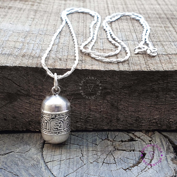 Om Mani Padme Hum Small Oval Gau Tibetan 925 Sterling Silver Om Mani Silver Pendant Necklace, Buddhist Mantra Amulet Protection Locket
