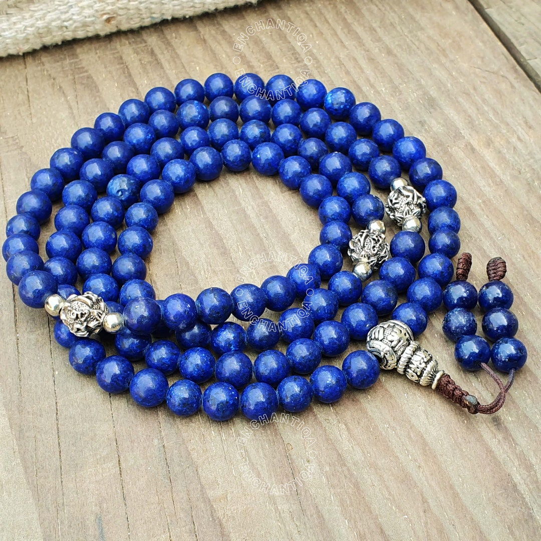 Mala Tibetano In Lapislazzuli Con 108 Perline, Mala In Lapislazzuli Con Perlina In Ottone Intarsiata E Mantra In Lapislazzuli. - Italia - Foto 9