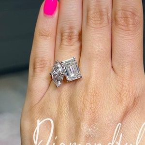 IGI CERTIFIED 6.50 Marquise Brilliant + Emerald Cut Two Stone Lab Diamond Engagement Ring, 14k Two Tone Gold, Toi et Moi Ring, You & Me Ring