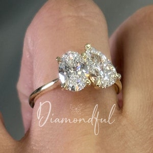 IGI CERTIFIED Pear + Oval Cut Hidden Halo Two Stone Lab Diamond Solitaire Engagement Ring, 14k Two Tone Gold,Toi et Moi Ring, You & Me Ring