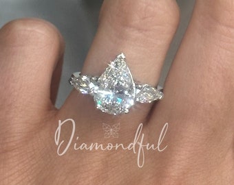 5.70 Carat Pear Shaped Lab Grown Diamond Three Stone Engagement Ring, Pear Diamond Engagement Ring, Anniversary gift, Big Diamond, Gift