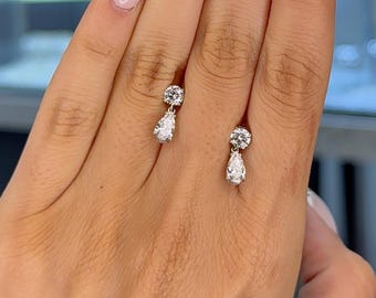 1.70 CTW Lab Grown Diamond Pear Drop Earrings | 14K Gold Diamond Earrings | 4 Stone Pear & Round Diamond Dangle Earrings