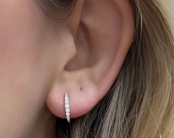14K White Gold Micro Pave Diamond Huggies Hoop Earrings, Graduating Diamonds, Diamond Earrings, Fine Jewelry, Gift for her, Free Shipping