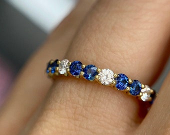 Sapphire and Diamond Alternating Stackable Full-Eternity Band in 18k, Custom, Stacking Ring, Round Band, Gifts for Her, Birthstone Ring