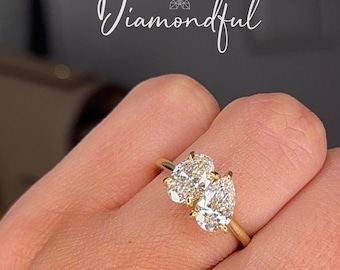 IGI CERTIFIED Pear + Oval Cut Hidden Halo Two Stone Lab Diamond Solitaire Engagement Ring, 14k Two Tone Gold,Toi et Moi Ring, You & Me Ring
