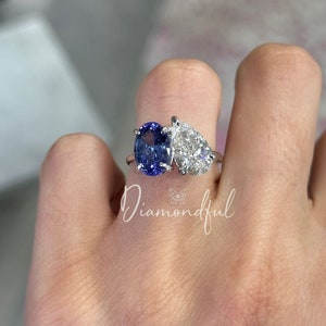 IGI CERTIFIED Pear Diamond and Oval Tanzanite Hidden Halo, Two Stone Ring, Engagement Ring, 14k Gold, Toi et Moi Ring, You & Me Ring