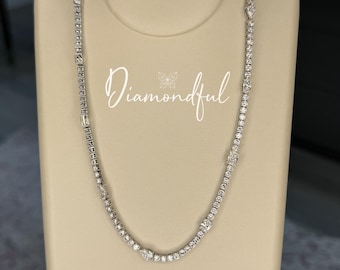 16 CTW Lab Grown Diamond Multi Shape Station Necklace | 14K Gold | Radiant Oval Pear Marquise Diamond Necklace | 16” Statement Necklace
