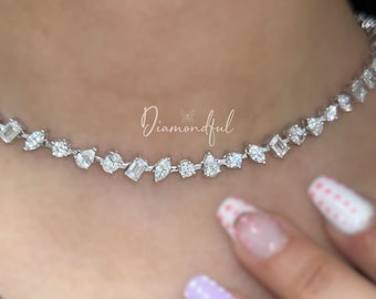 11.12 Carat Lab Grown Abstract Diamond Tennis Necklace, 14K Lab Grown Diamond Tennis Choker Stunning Muli-Shaped White Diamonds