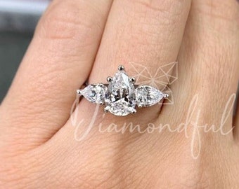 3.40 carat Pear Lab Grown Diamond Three Stone Engagement Ring, IGI CERTIFIED, Pear Diamond Engagement Ring, Lab Grown Diamond Ring Trilogy