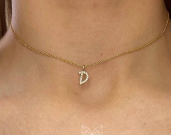 Diamond Initial Choker Necklace, 14k Gold Diamond Necklace, Diamond Letter Necklace, Personalized Initial Necklace, Gift for her