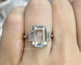 Three Stone Santa Maria Emerald Cut Aquamarine with Baguette Diamond, Art Deco 14K Diamond Aquamarine Engagement Ring, Anniversary Ring