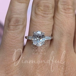 3.30 Carat Diamond Engagement Ring, Three Stone Oval and Tapered Baguette Diamond Engagement Ring in 14K, Oval Lab Diamond Ring, 3 Stone