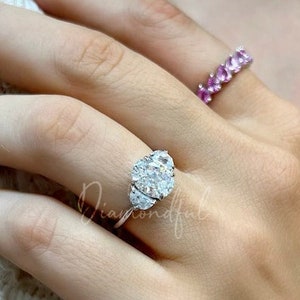3.5 CT IGI Certified Three Stone Oval Ring, Oval Half Moon Diamond Engagement Ring in 14K Gold, Oval Lab Diamond Ring, 3 Stone Ring