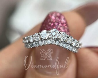 Crown Diamond Wedding Ring in 18k Gold, Curved Wedding Band Promise Ring, Anniversary Ring