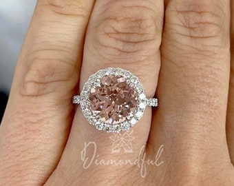 Round Shaped Morganite Engagement Ring with Diamond Halo, 14K Morganite Wedding Ring, Anniversary Ring Half Eternity Ring