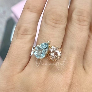 Toi et Moi Ring, Two Stone Engagement Ring, Aquamarine and Morganite and Diamond,Pear and Oval Ring, Unique Engagement Ring, Gift For Her