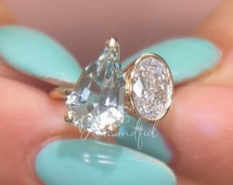 Custom Aquamarine Toi et Moi Ring, Lab Created Engagement Ring, Two Stone Engagement Ring, Lab Created Diamond Engagement Ring, Gift for her