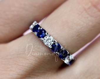 Sapphire and Diamond Alternating Stackable Full-Eternity Band in 18k, Custom, Stacking Ring, Round Band, Gifts for Her, Birthstone Ring
