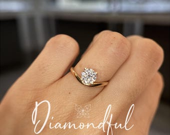 1 CT Round Lab Grown Diamond Engagement Ring | 14K Yellow Gold Curved Solitaire | IGI Certified | 1-4 CT Available