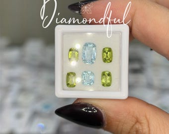 Natural Blue Aquamarine + Green Peridot 4.30 CTW Elongated Cushion & Cushion Cut Loose Gemstone Lot, 6 Natural Gemstones