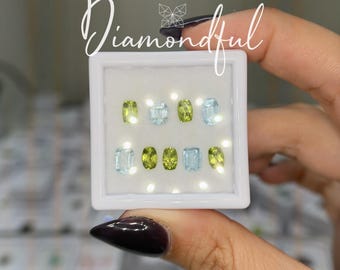 Natural Blue Aquamarine + Green Peridot 6.11 CTW Elongated Cushion & Cushion Cut Loose Gemstone Lot, 9 Natural Gemstones