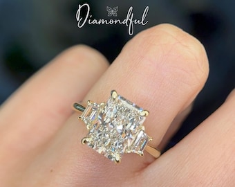 5CT Radiant Cut Lab Grown Diamond Engagement Ring with Two Trapezoids, Three Stone Ring, Radiant & Trapezoid Ring, 5 carat