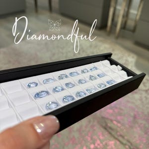 Op de afbeelding: Een zwarte lade met een raster van witte compartimenten, elk met een lichtblauwe edelsteen. De edelstenen vari&euml;ren in vorm en grootte. Het woord "Diamondful" staat in cursief boven de lade.