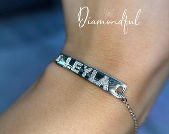 Custom Script Name Plate Diamond Link Bracelet 14K Gold 6.5"