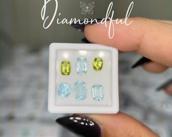 Natural Blue Aquamarine + Green Peridot 4.52 CTW Elongated Cushion & Cushion Cut Loose Gemstone Lot, 6 Natural Gemstones
