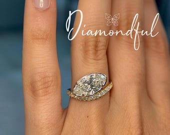 East-West Assymetrical Bypass Marquise Cut Bezel Engagement Ring with Pave Diamond Band 14K Gold