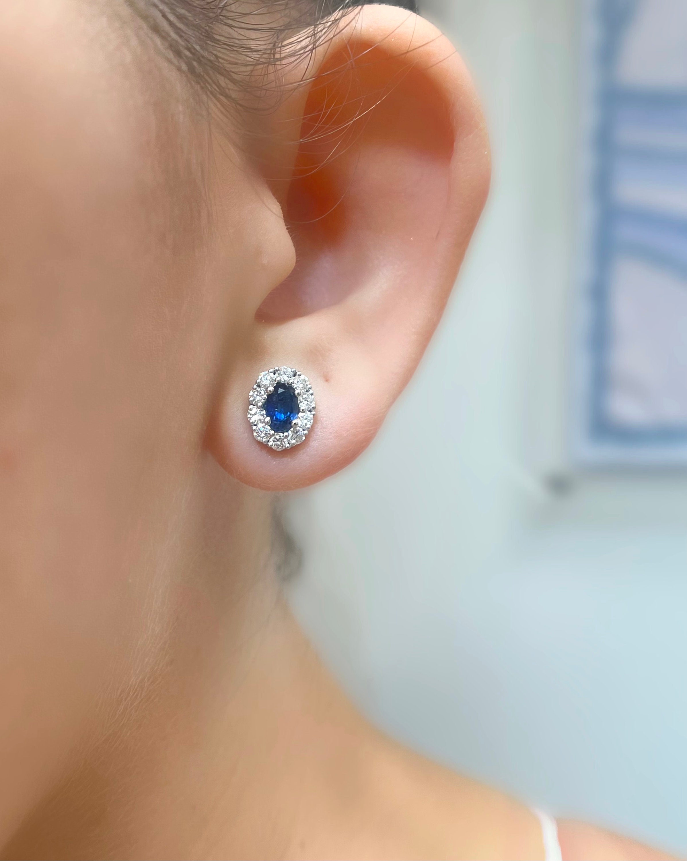 Natural Blue Sapphire & Diamond Halo Stud Earrings / Solid 14k Gold / Oval Shape Sapphire Earrings, Halo Diamond Earrings, Gift for her