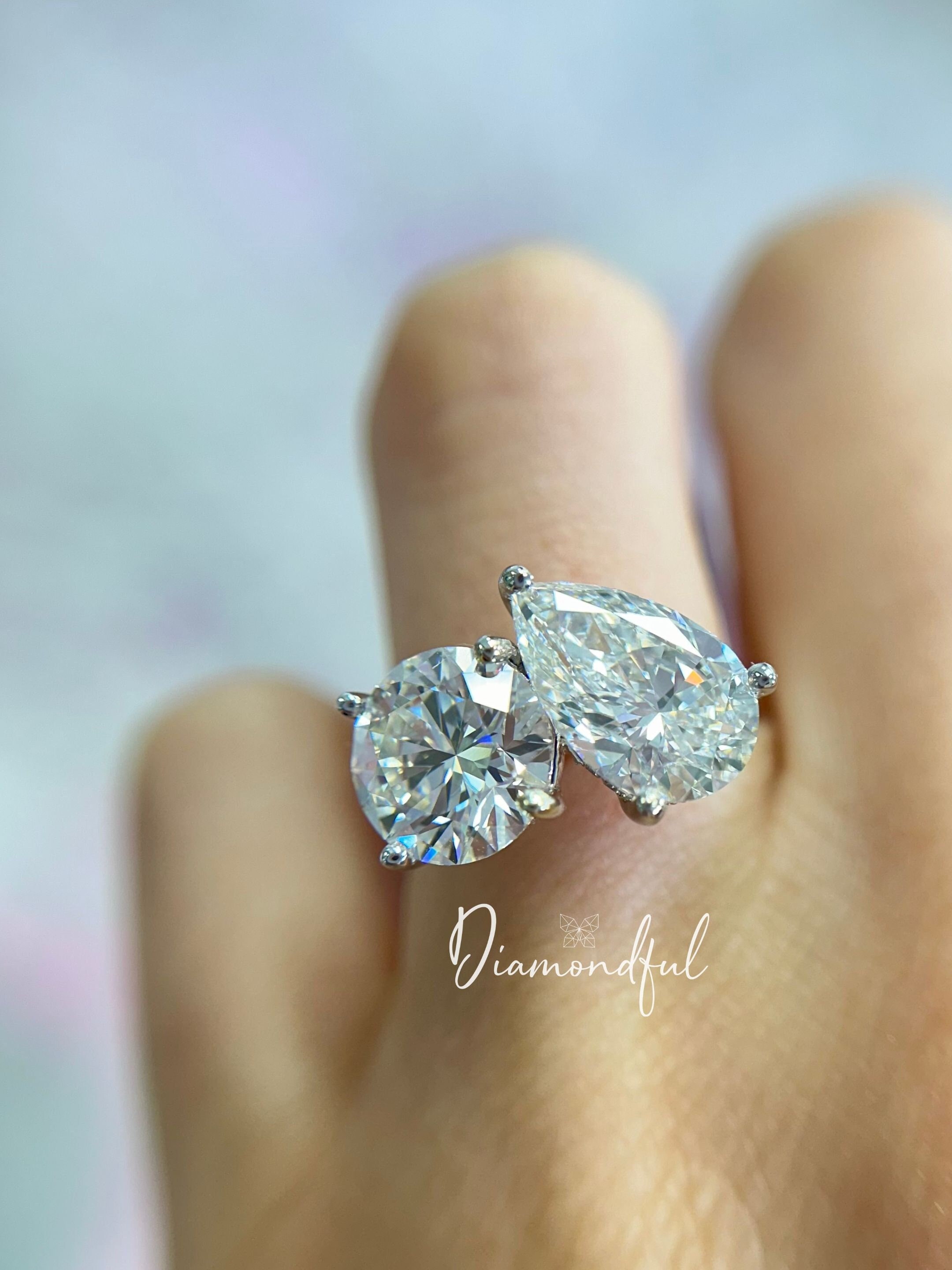 Pear + Round Cut Hidden Halo Two Stone Lab Diamond Solitaire Engagement Ring, 14k Two Tone Gold,Toi et Moi Ring, You & Me Ring