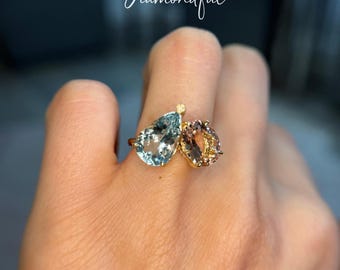 Toi et Moi Pear Aquamarine Oval Morganite Diamond Ring, 14k Yellow Gold Engagement
