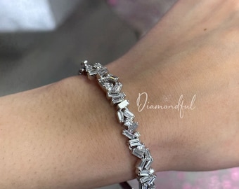 2.84 Carat Abstract Baguette + Round cut Lab Grown Diamond Bangle Bracelet, 14K Lab Grown Diamond Bangle Bracelet, Gift