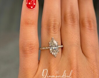 14K Marquise Hidden Halo Diamond Engagement Ring Pave Band, Long shape, Big rock