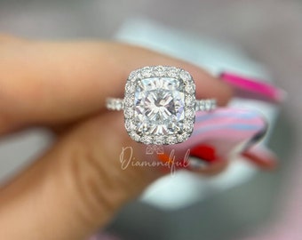 3.70 carat Elongated Cushion Cut Lab Diamond Engagement Ring, Lab Grown Diamond Halo Engagement Ring ,14k Gold , Cushion Cut IGI