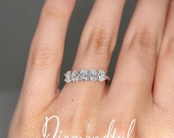 1.00 CTW Oval Lab Grown Diamond Band | 5 Stone Diamond Wedding Ring | 14K White Gold Anniversary Band | Oval Diamond Band