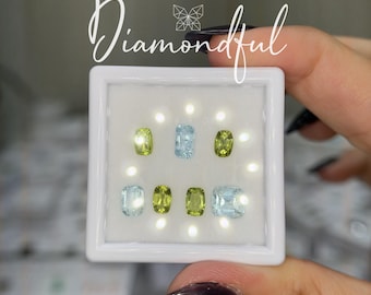 Natural Blue Aquamarine + Green Peridot 5.37 CTW Elongated Cushion & Cushion Cut Loose Gemstone Lot, 7 Natural Gemstones