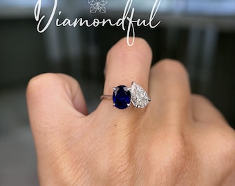 IGI CERTIFIED Pear and Oval Natural Sapphire Hidden Halo, Two Stone Ring, Engagement Ring, 14k Gold, Toi et Moi Ring, You & Me Ring