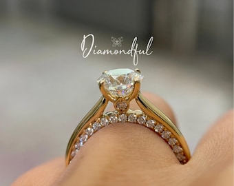 Round Brilliant Hidden Halo Bridge Diamond Engagement Ring, Engagement Ring 14k, IGI Certified Lab Created Diamond