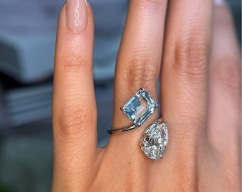Toi et Moi Bypass, Sky Blue Topaz + Pear Diamond, 14K White Gold Engagement Ring, Bespoke Design