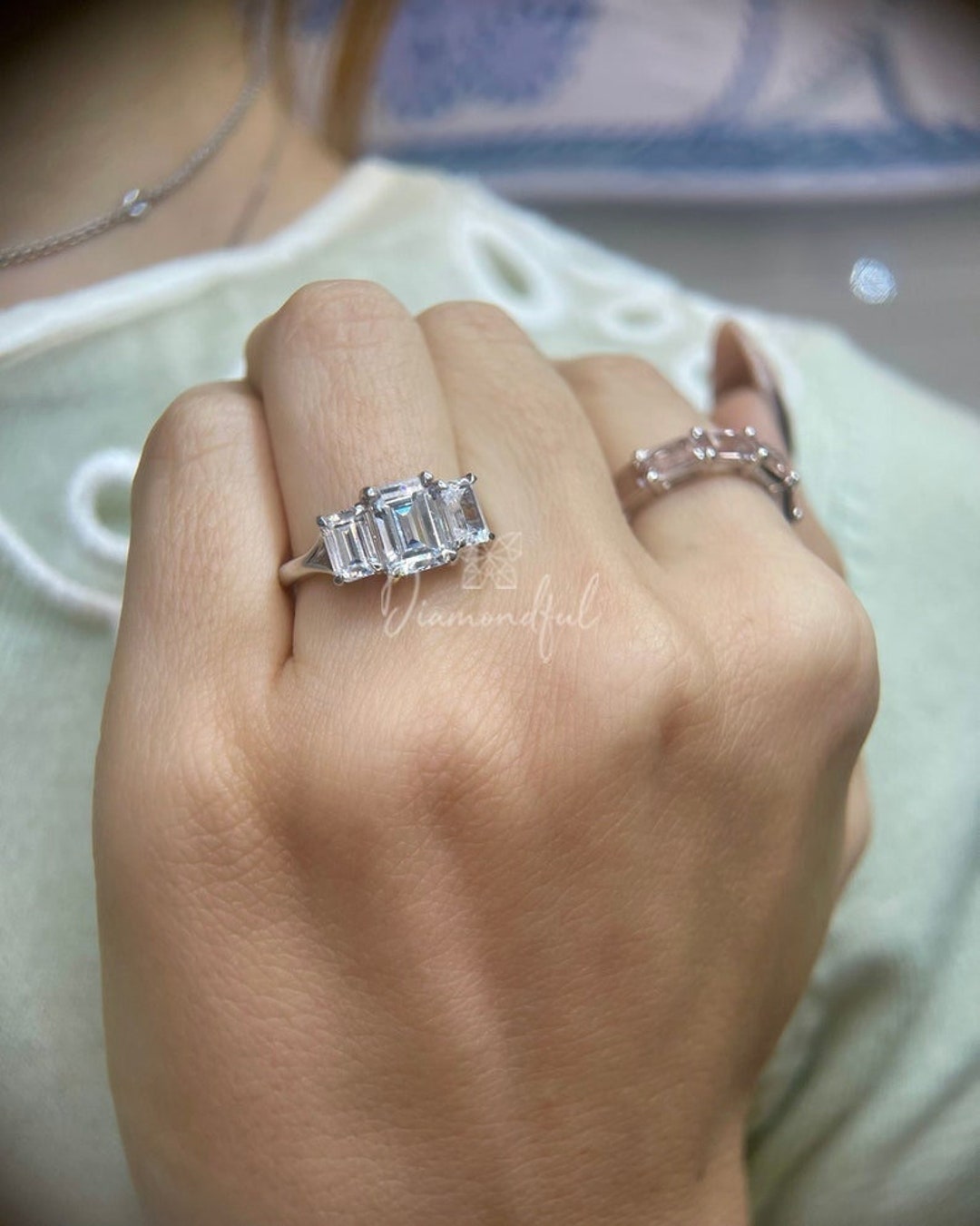 Emerald diamond three stone ring discount