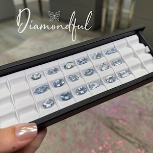 Op de afbeelding: Een zwarte tray gevuld met diverse lichtblauwe edelstenen in verschillende vormen, waaronder ovaal, peer en rechthoekig. De binnenkant van de tray is wit. Het woord "Diamondful" is in cursief geschreven. De tray wordt door een persoon vastgehouden.