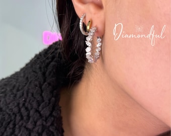 14K White Gold Mixed Shape Diamond Hoop Earrings, Graduating Lab-Created Diamonds