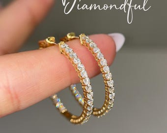2 CTW Lab Grown Diamond Inside Out Hoop Earrings | 14K Gold Diamond Hoops | White or Yellow Gold | 1–2 CTW Available