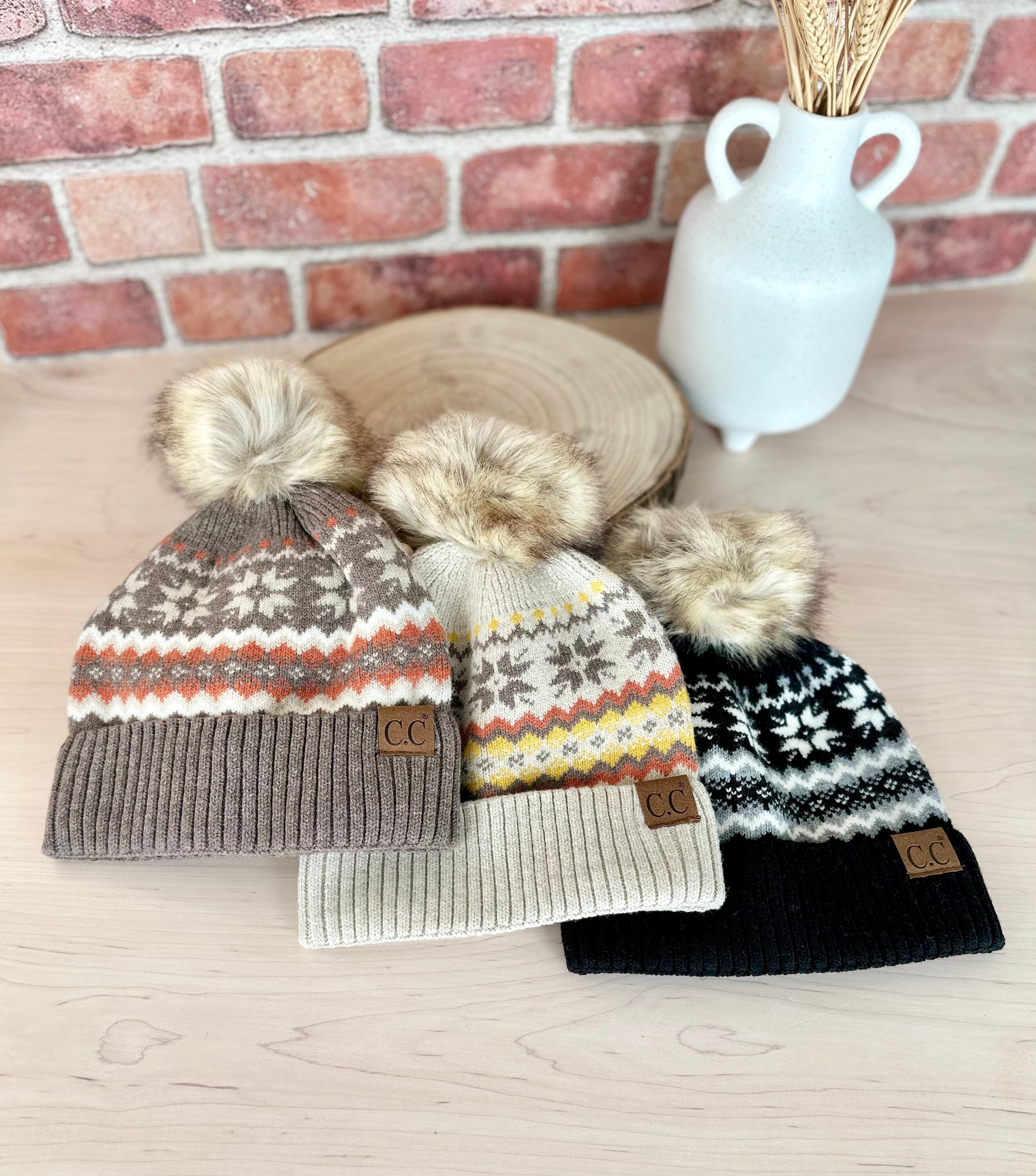 Handmade Wool Knit Beanie Hat Pom Pom Fair Isle Pattern Cream Red Blue Yellow Color work knitting hat with 100% wool main image 2